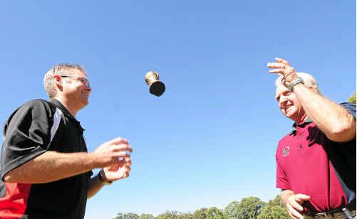 Ross Haworth tosses the award to Daryl Parmenter after having his record broken. Ross Haworth tosses the award to Daryl Parmenter after having his record broken.